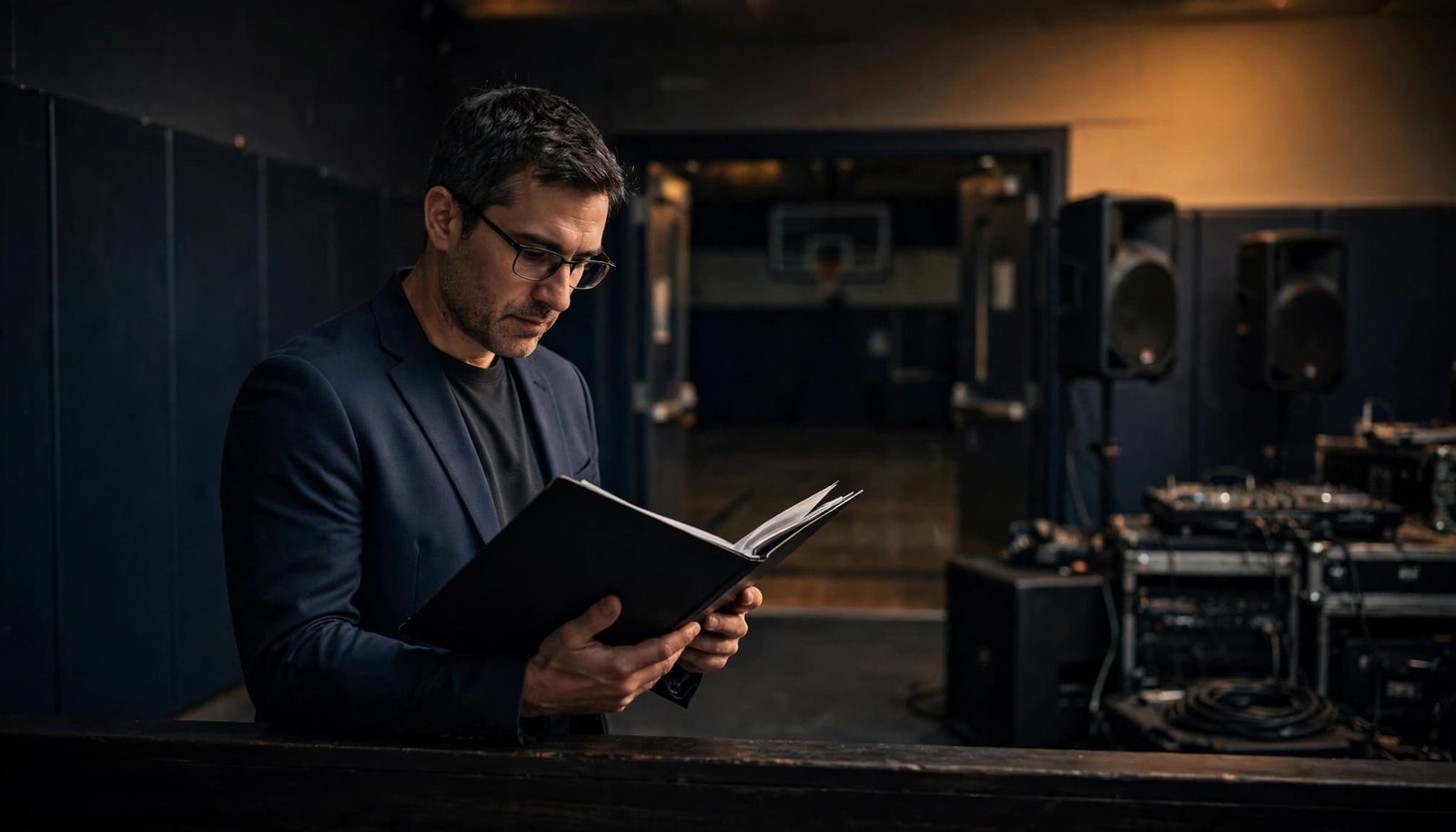 A school administrator reviews a folder beside a gym entrance with DJ equipment in the background.