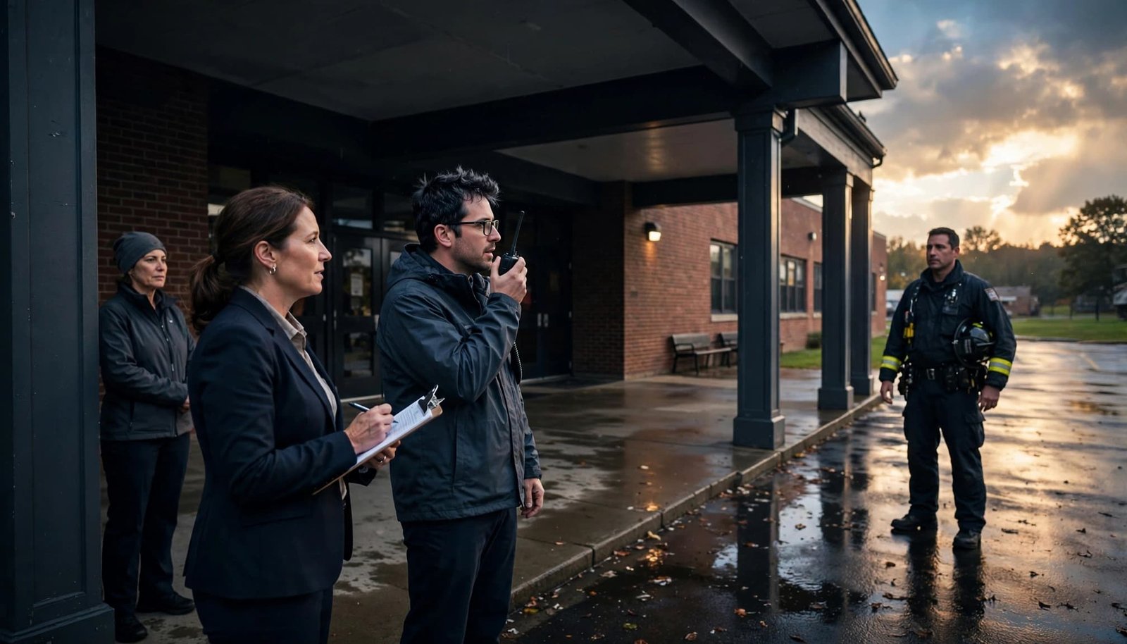 Four people coordinate outside a school entrance after a storm.