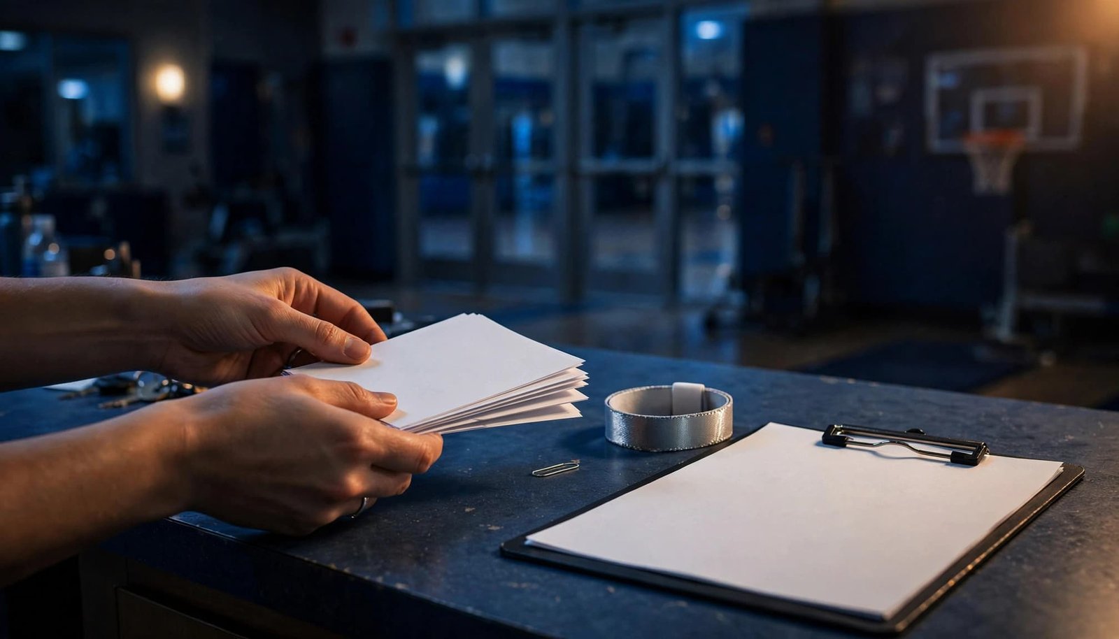 Two hands organize blank forms, a wristband, and a clipboard checklist on a school counter.