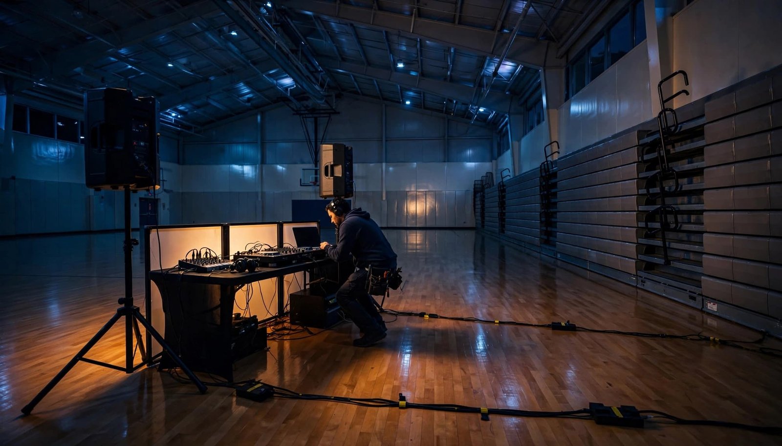DJ Sound Check Checklist for School Gymnasiums A technician checks a DJ booth in an empty gym.