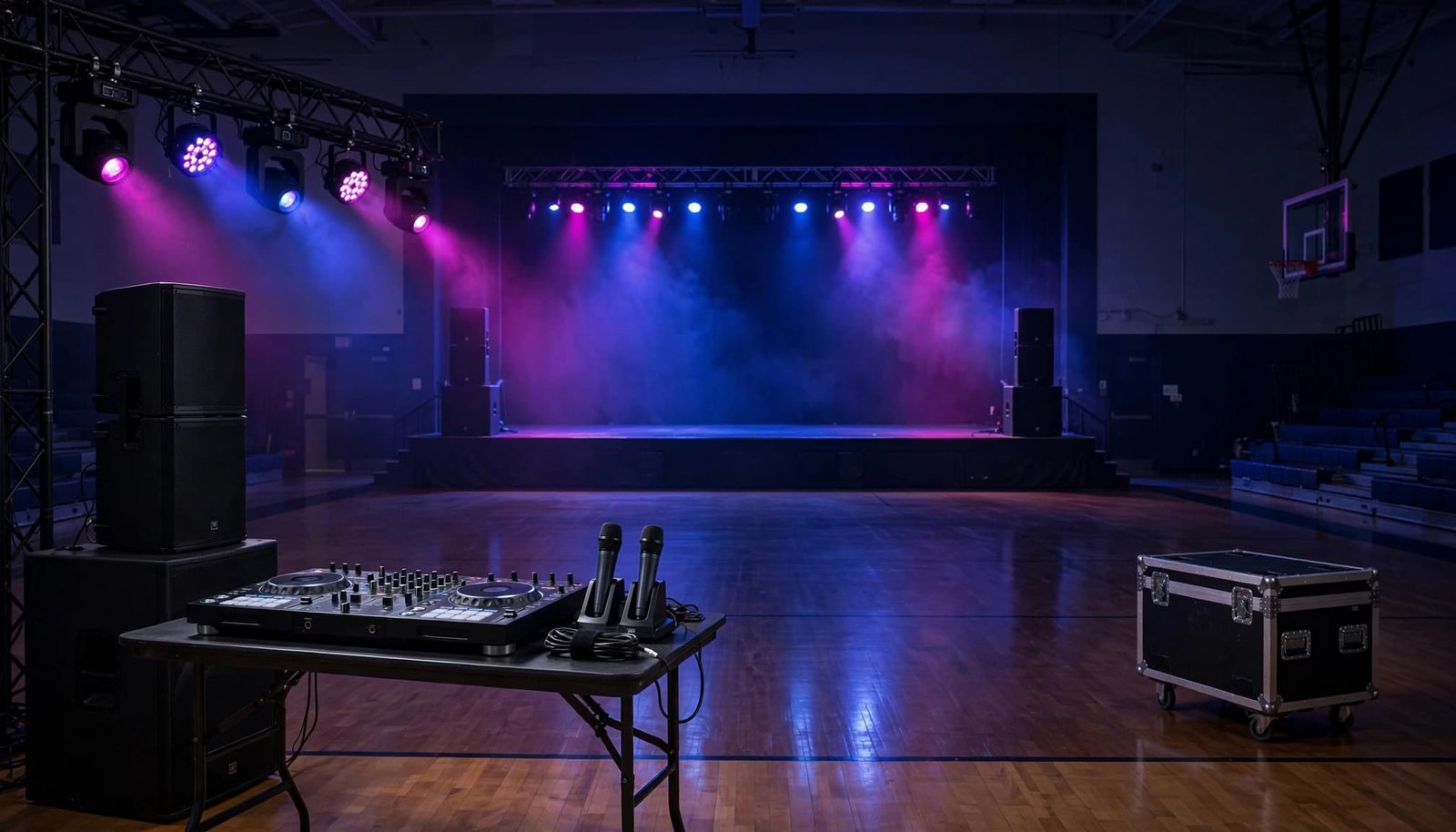 DJ equipment and backup gear arranged beside a school dance floor.