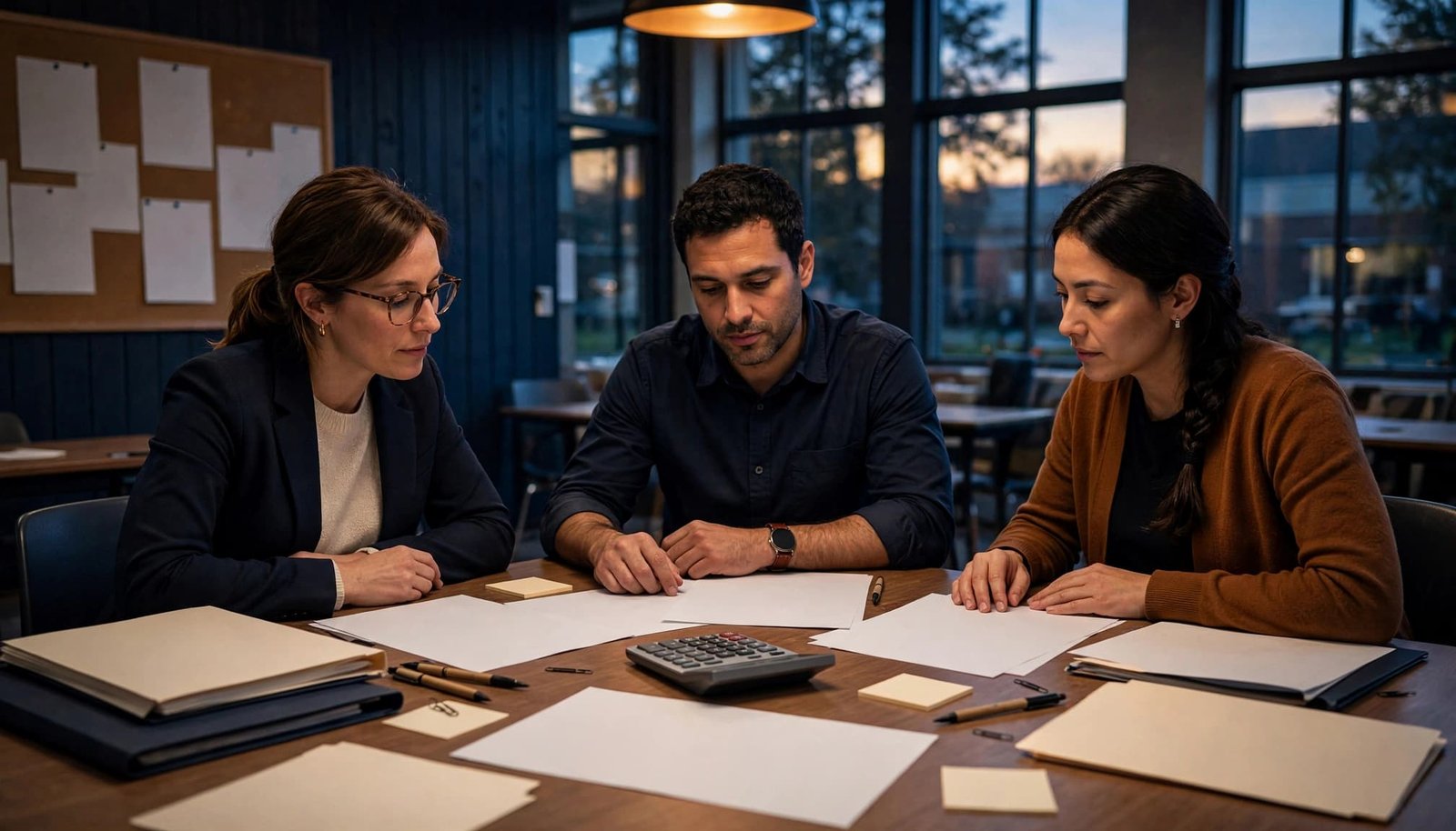 Three people compare blank DJ quote sheets with a calculator at a school meeting table.