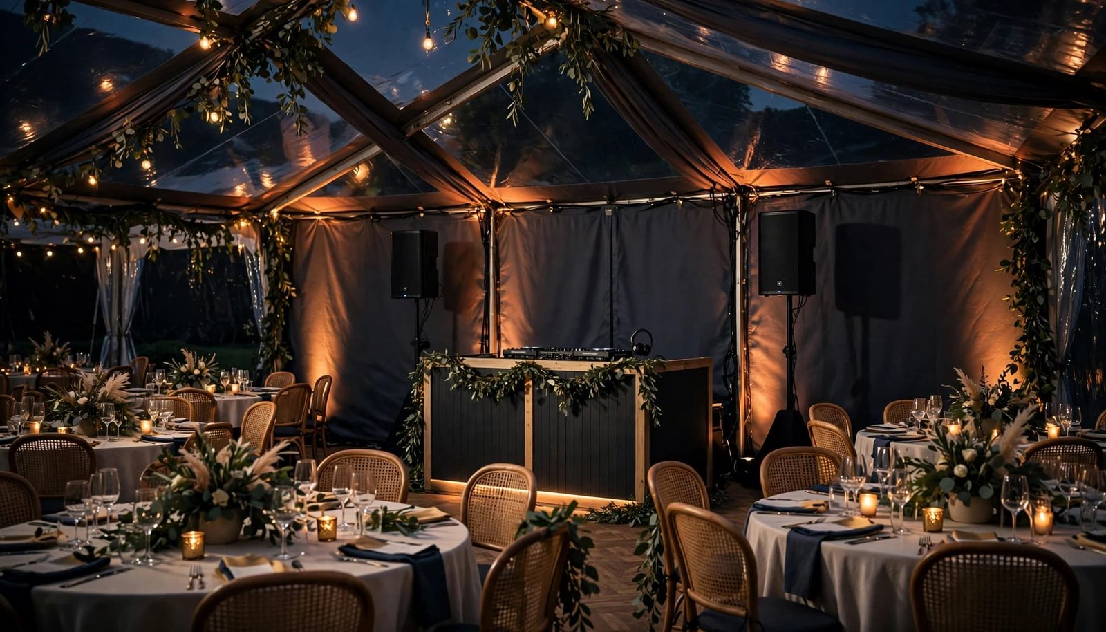 Speakers and a DJ booth blend into a warmly lit tented wedding reception.