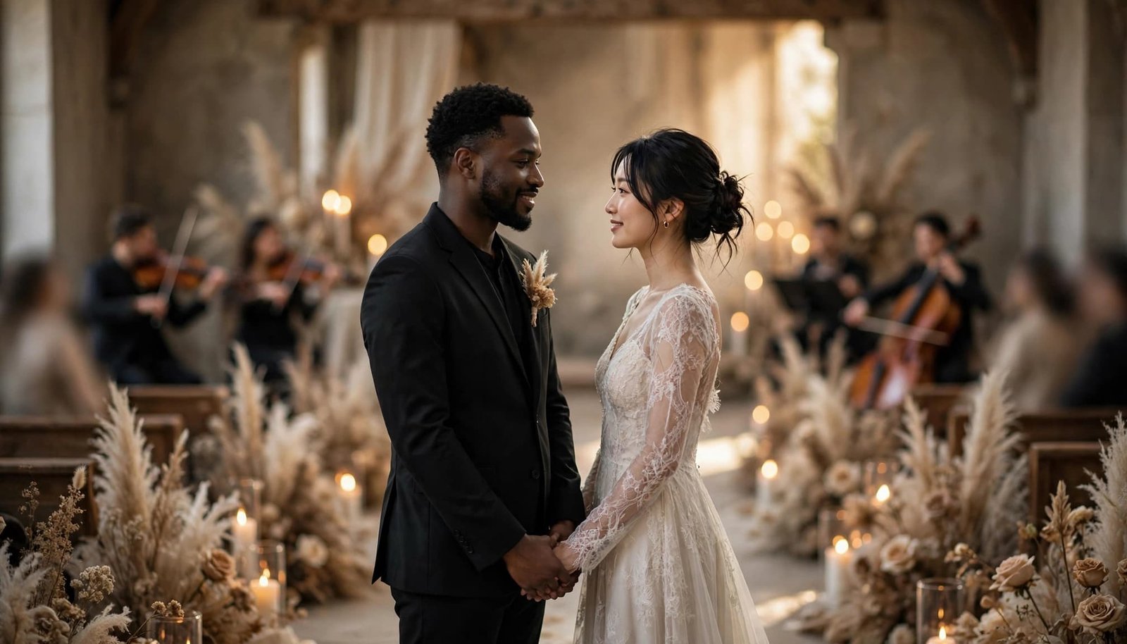 Wedding Ceremony Songs That Tell Your Story A couple stands together at the end of a candlelit wedding aisle.