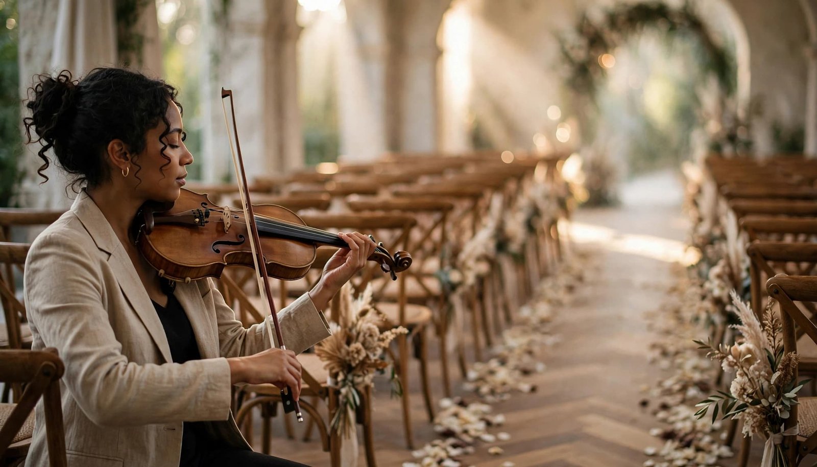 Wedding Ceremony Songs That Tell Your Story A violinist performs beside a flower-lined wedding aisle.