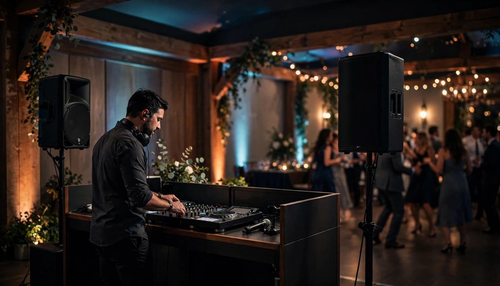 Wedding DJ Packages Compared: What Each Service Level Includes Wedding DJ beside a booth with speakers as guests dance in the background.