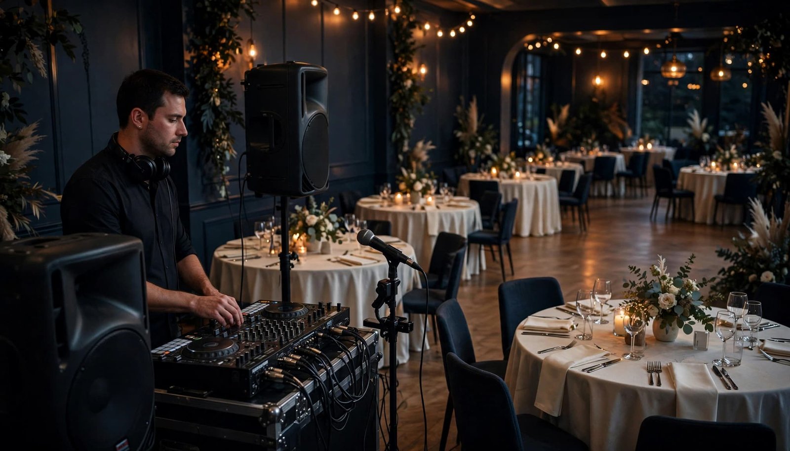 A wedding DJ prepares speakers and a mixer beside warmly lit dinner tables.