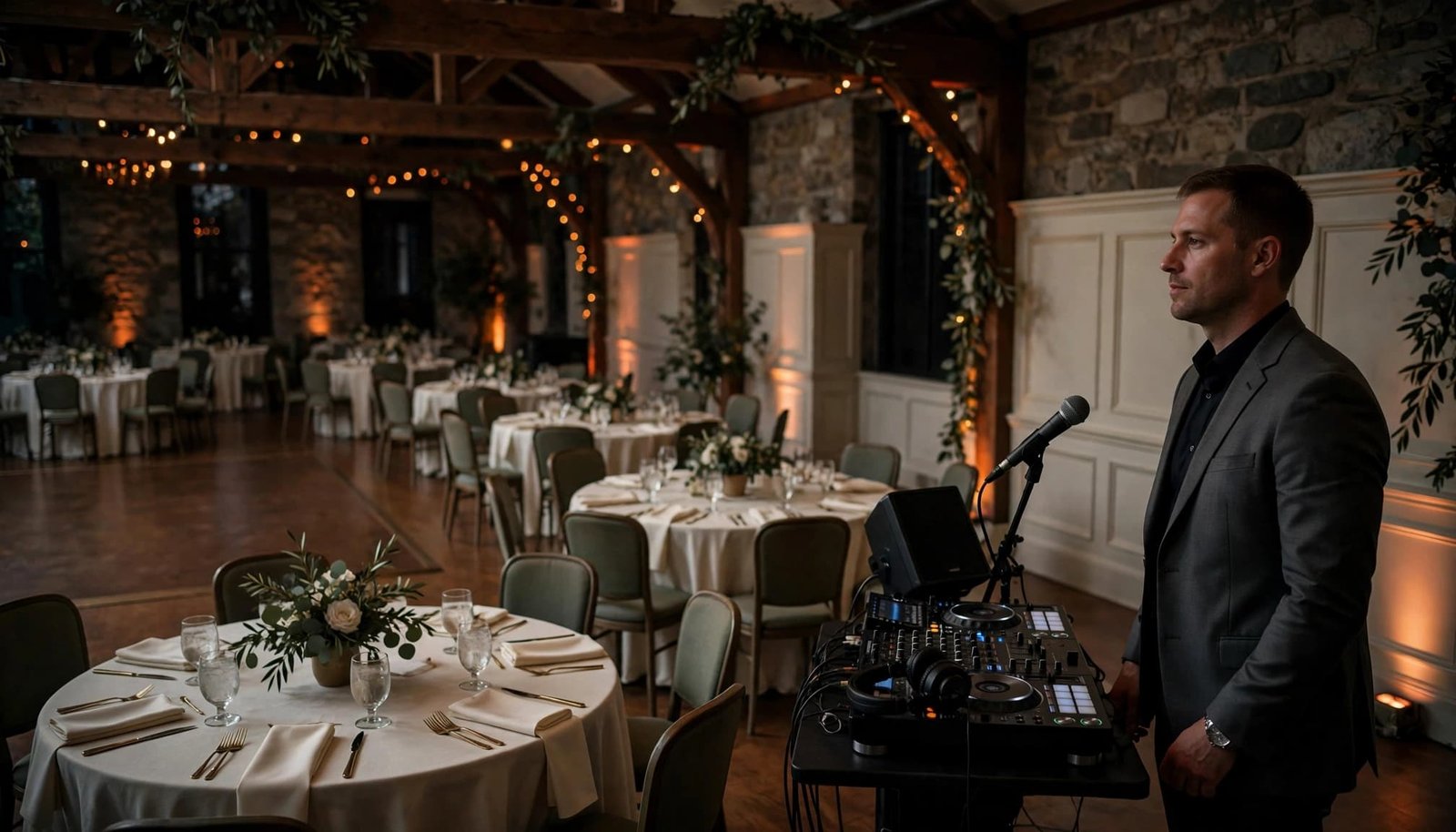 A wedding DJ stands beside a console as tables and a dance floor fill the reception hall.