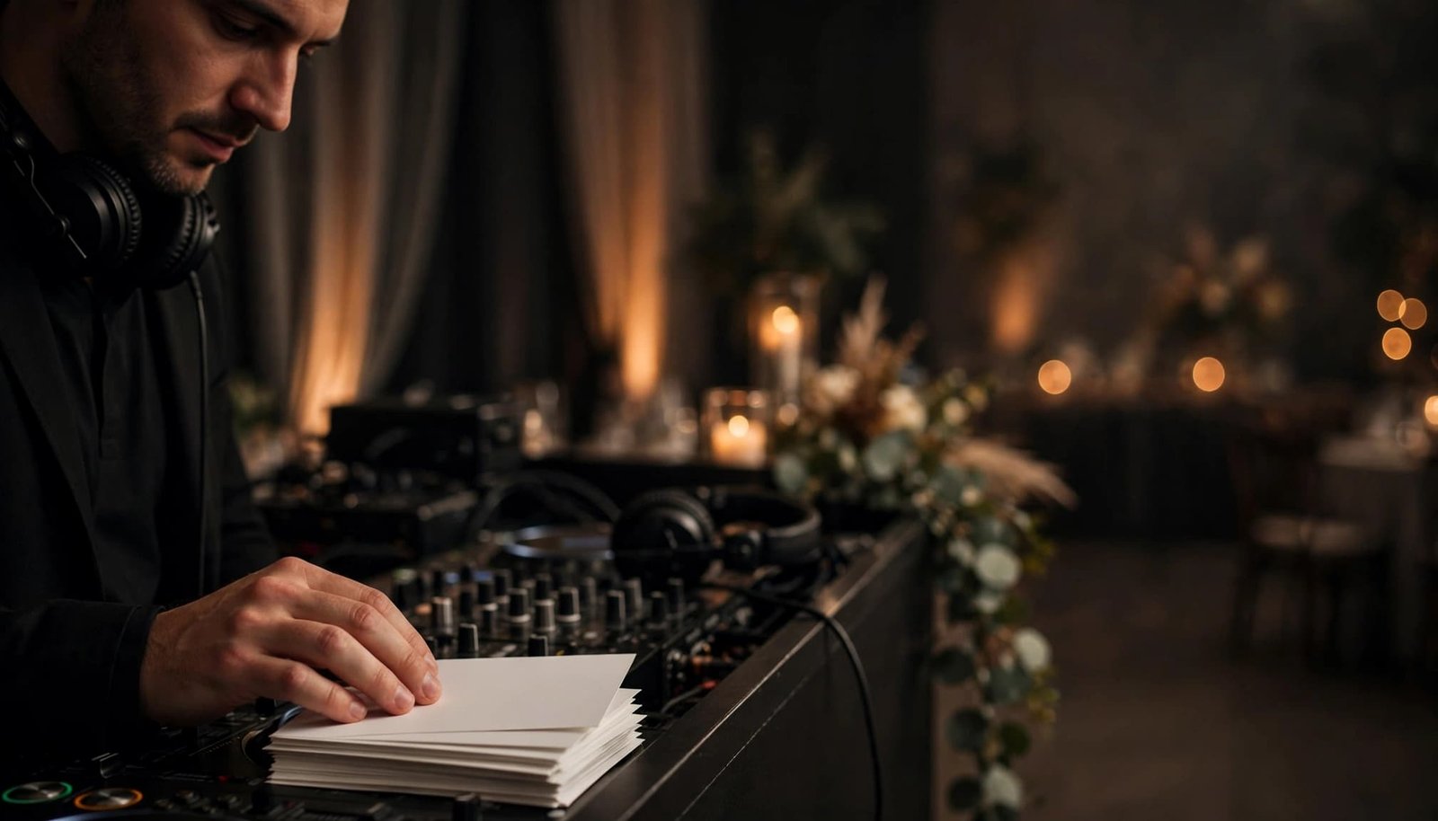 How Many Songs Should You Request From Your Wedding DJ? Wedding DJ reviewing blank request cards at a reception booth.