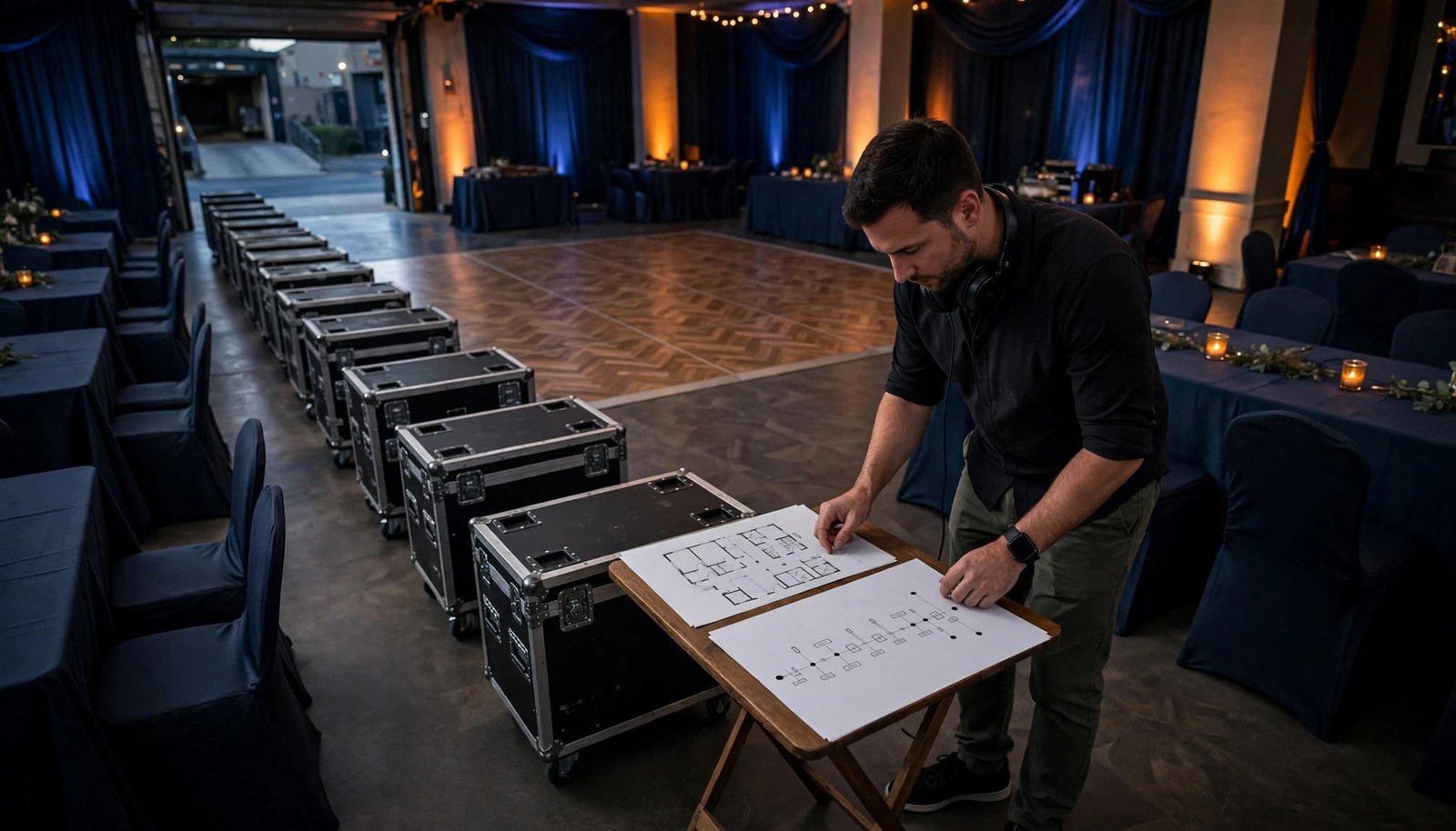 A DJ reviews wedding plans beside equipment cases in an illuminated reception venue.