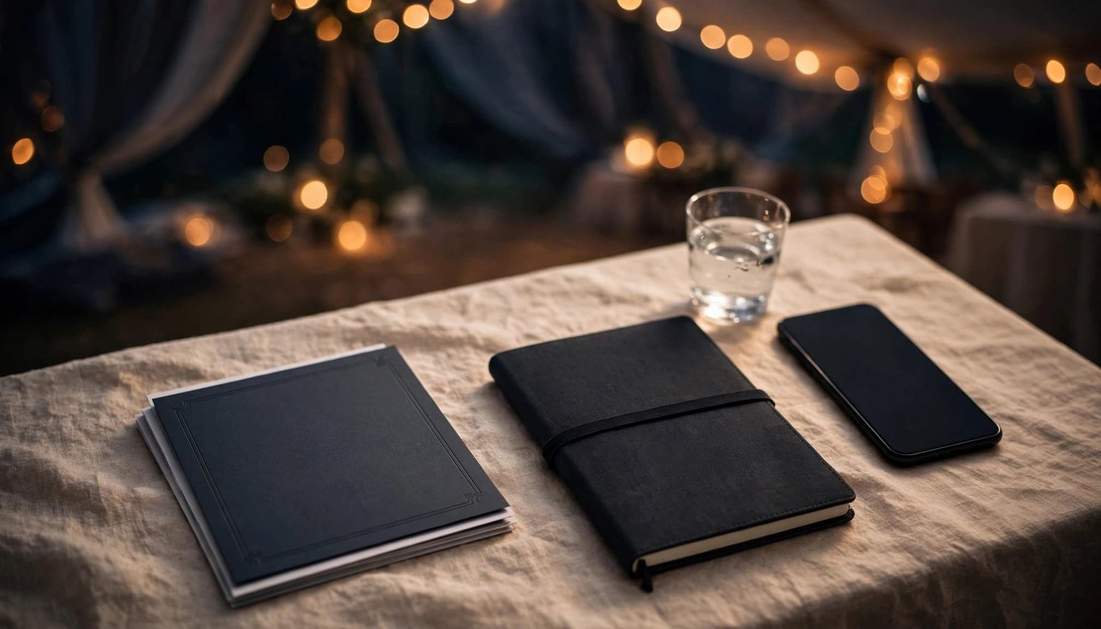 Blank wedding timeline cards, a playlist notebook, smartphone, and water glass on a linen table.