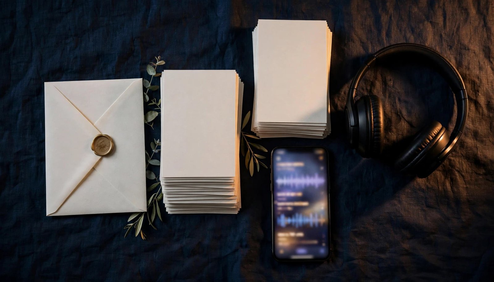 Blank song cards, headphones, a wedding invitation, and a phone arranged on a dark table.