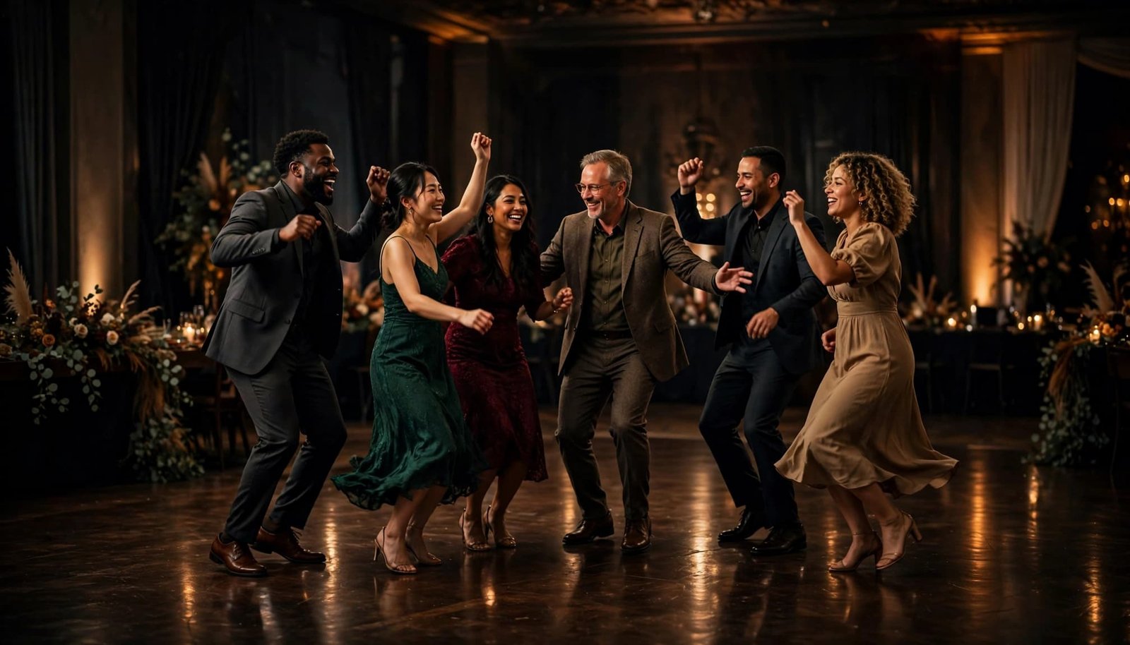 How Many Songs Should You Request From Your Wedding DJ? Six wedding guests dancing together on a warmly lit ballroom dance floor.