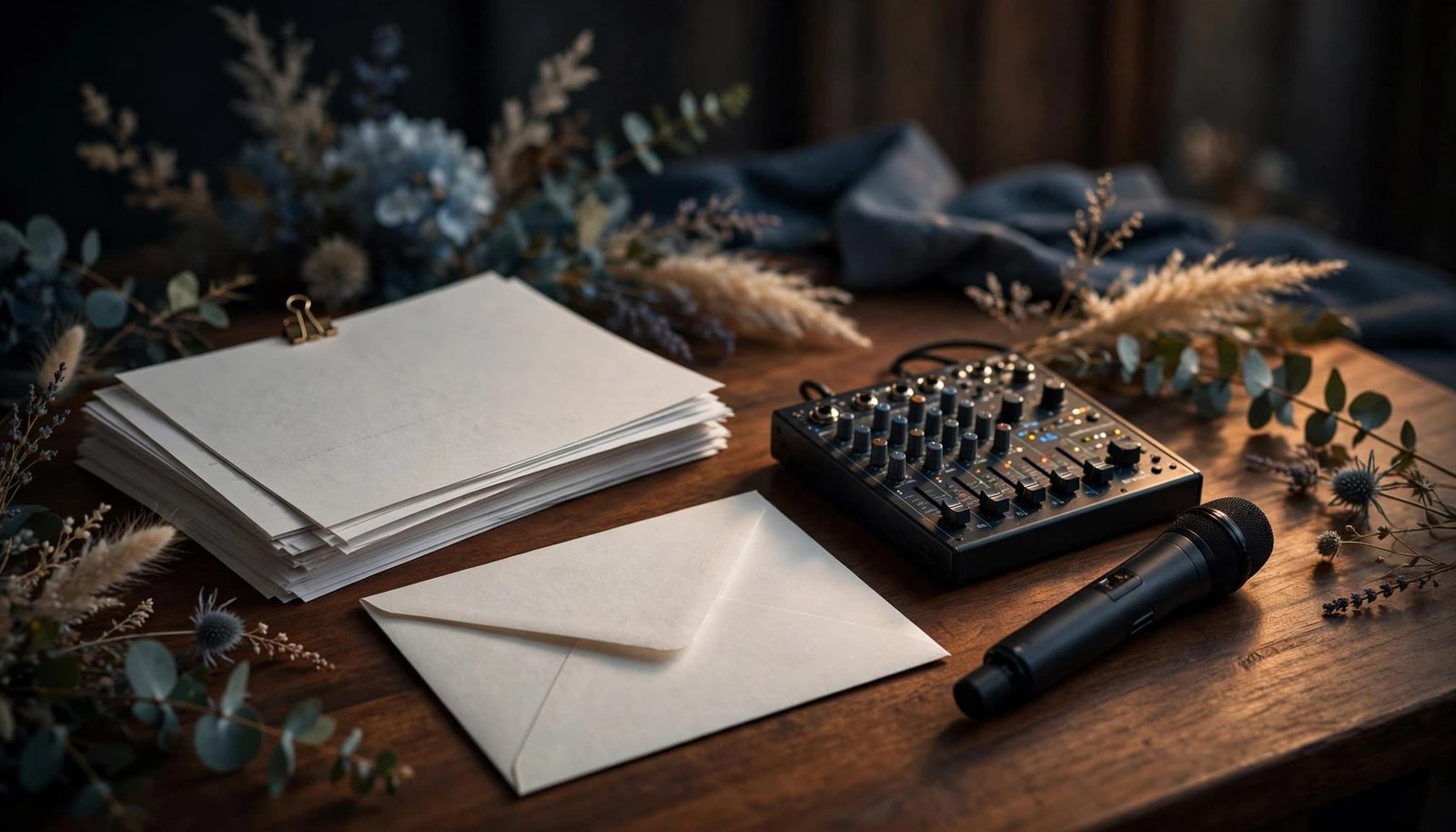 Wedding DJ Packages Compared: What Each Service Level Includes Wedding planning papers, an invitation envelope, audio mixer, and microphone on a wooden table.
