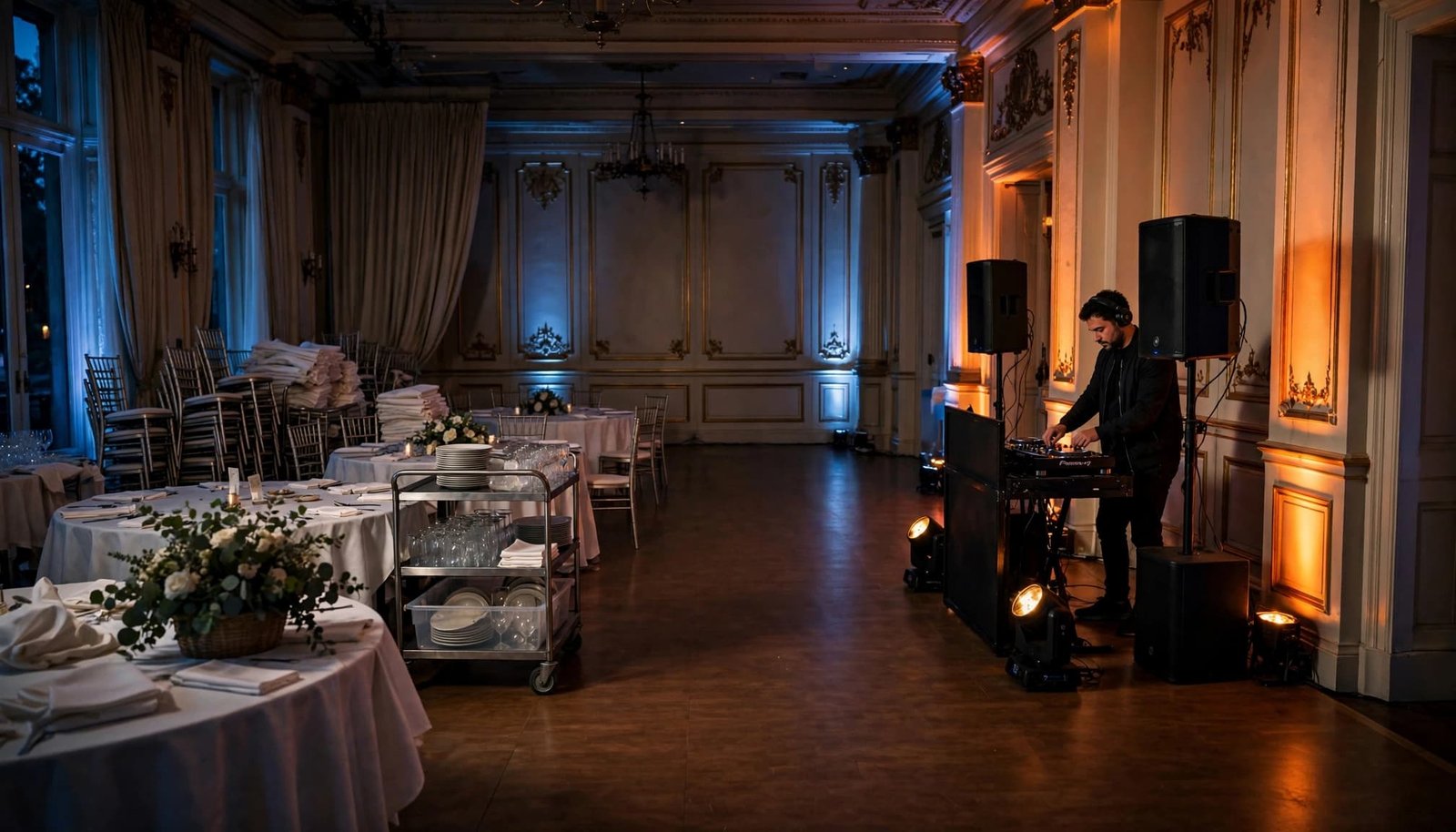 A DJ prepares music beside speakers as banquet tables are cleared around a lit dance floor.