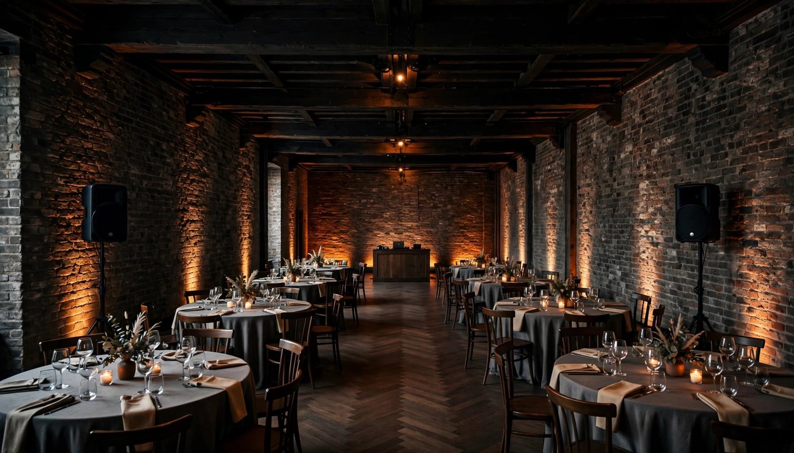 Wedding Reception Music Without Formal Dances: A Practical Plan An empty brick reception hall with tables, edge speakers, and a DJ booth.
