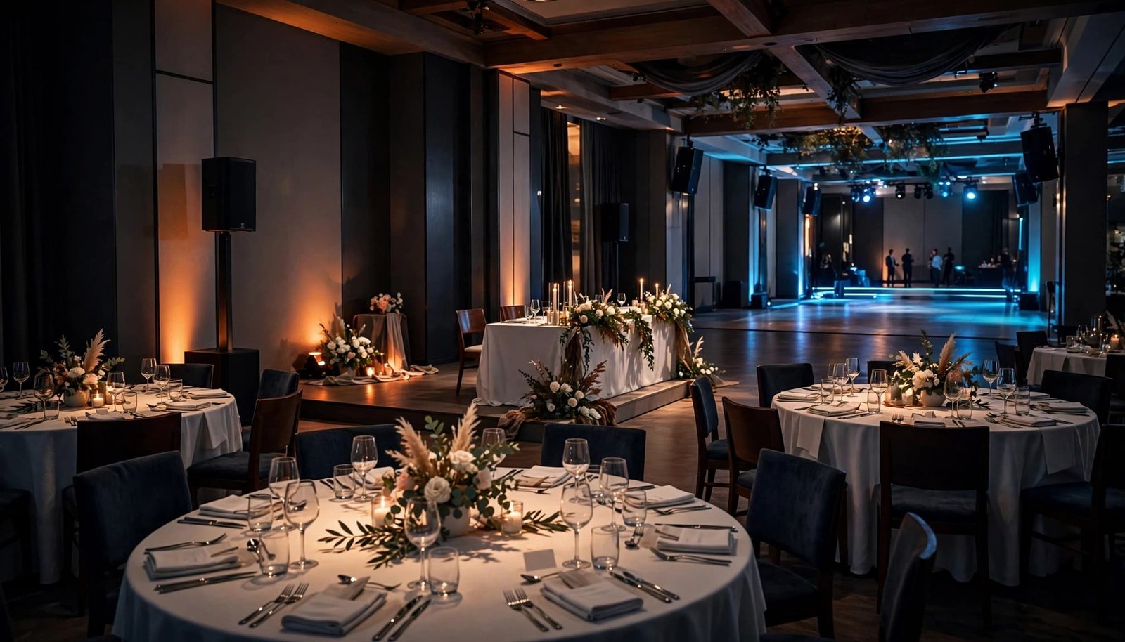 A banquet hall with separate dining, toast, and dancing areas and discreet speakers.