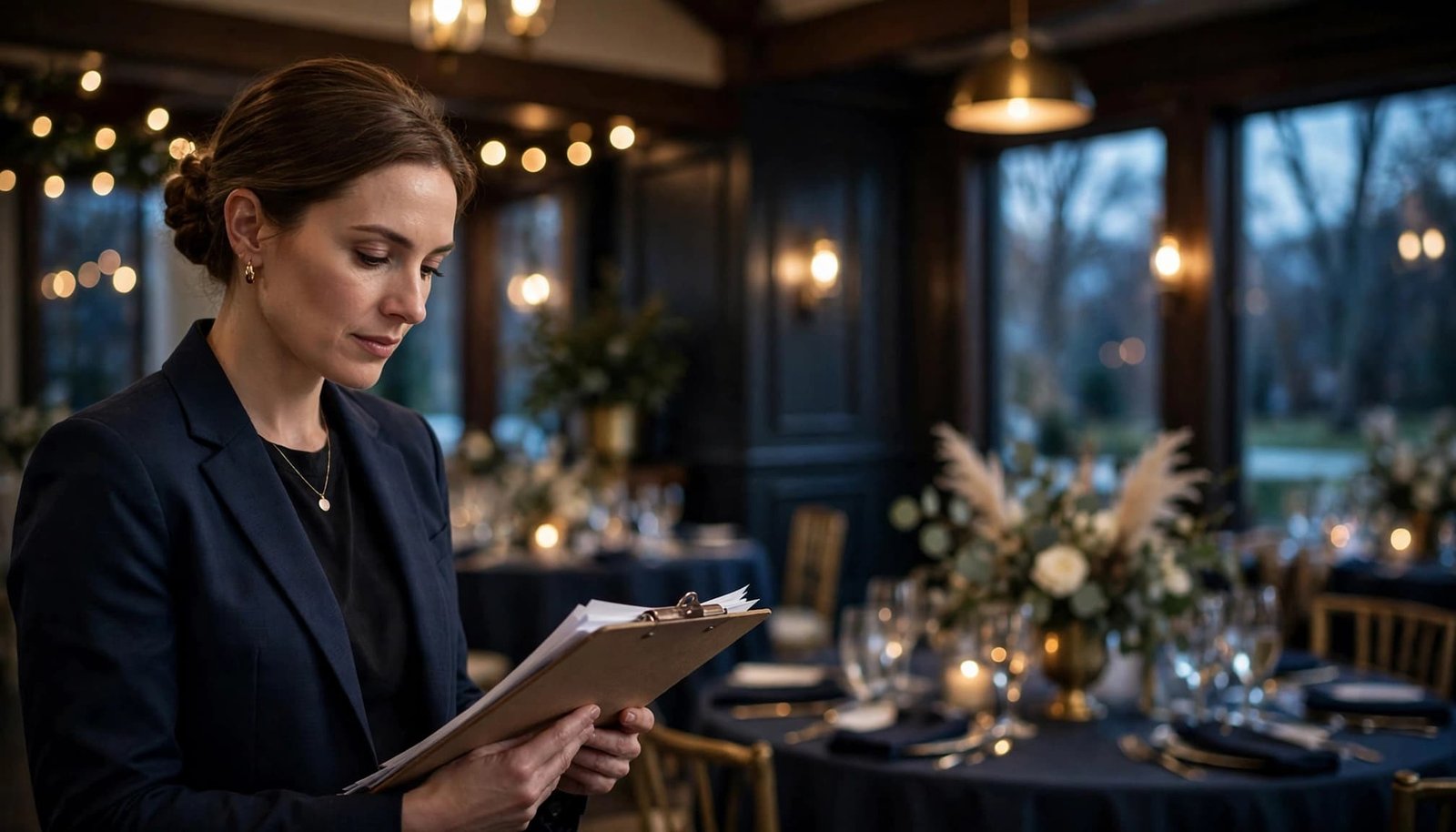 A venue manager holds a clipboard beside blurred wedding reception tables.