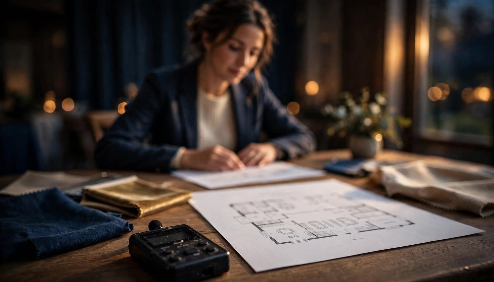 A wedding planner reviews a venue plan beside a sound meter.