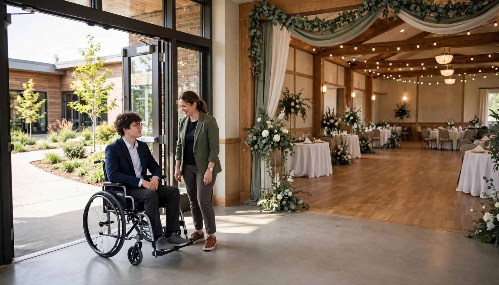 A student in a wheelchair and an organizer arriving at a decorated prom venue.