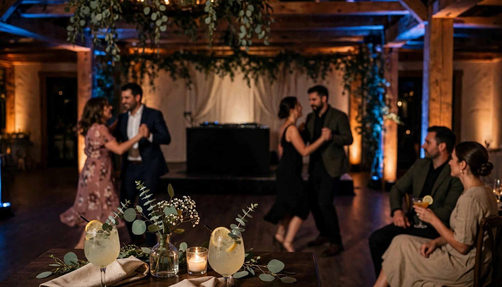 Guests dance as a silhouetted DJ plays, with a cocktail table in the foreground.