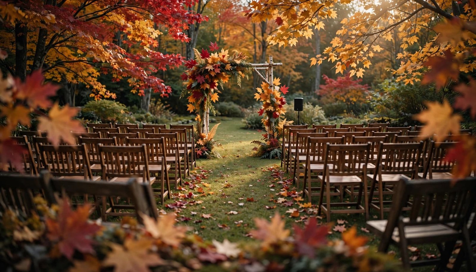 An outdoor autumn wedding setup with wooden chairs and an arch adorned with colorful maple leaves.