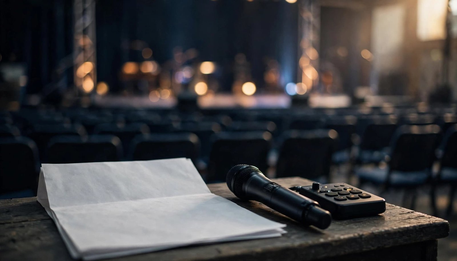 A cue sheet, microphone, and audio controls sit on a table beside a softly lit stage.