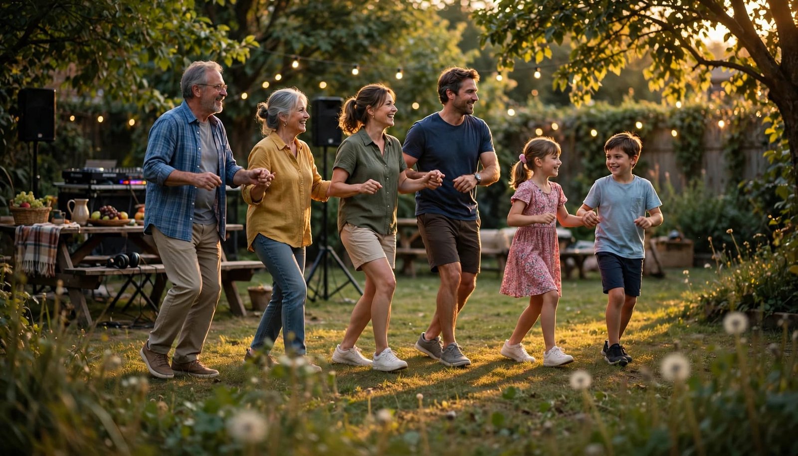 A multigenerational family of six smiling and line dancing together in a leafy backyard at golden hour.