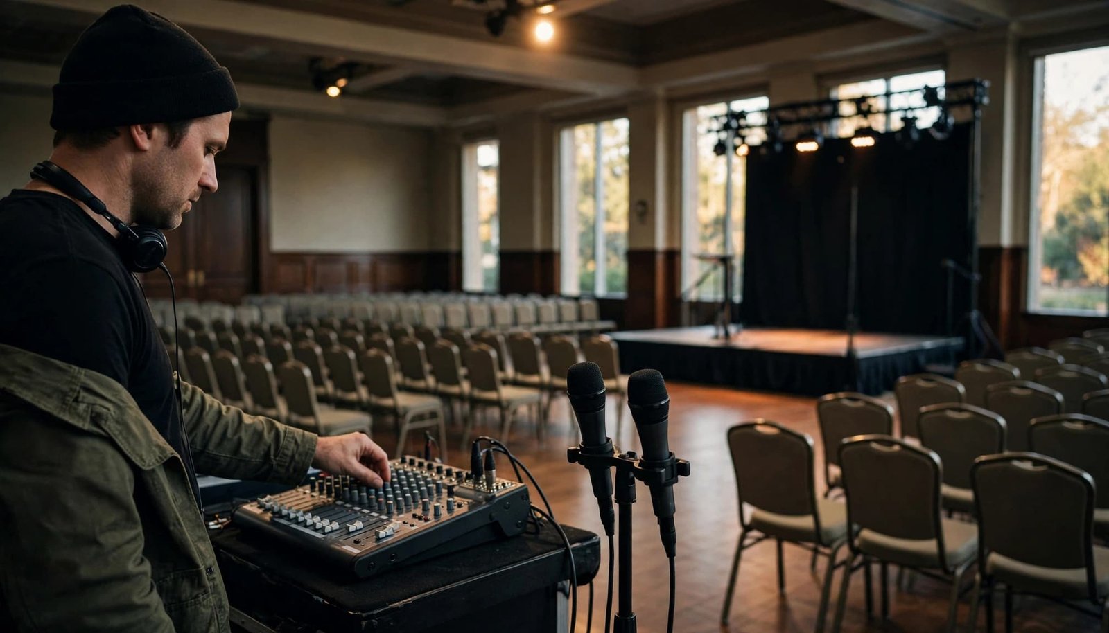 A technician checks a mixer beside two microphones in an empty ballroom.