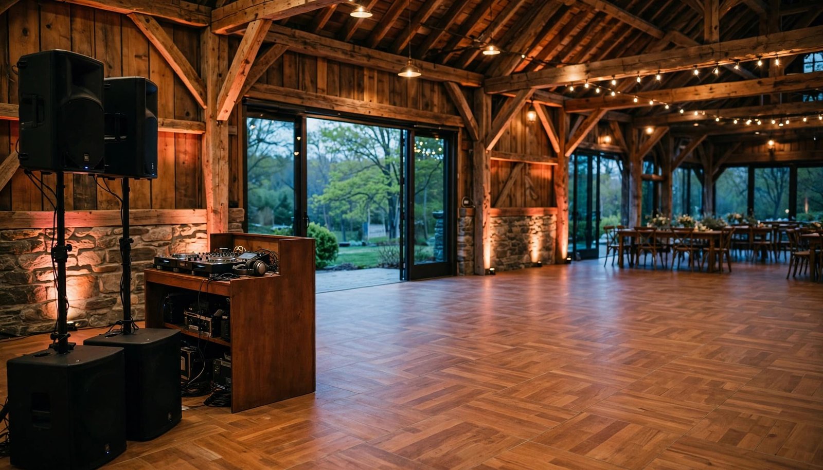 New Hampshire Wedding DJ Planning for Spring A rustic barn venue features a DJ setup on the left with speakers, a wooden console, and string lights overhead.
