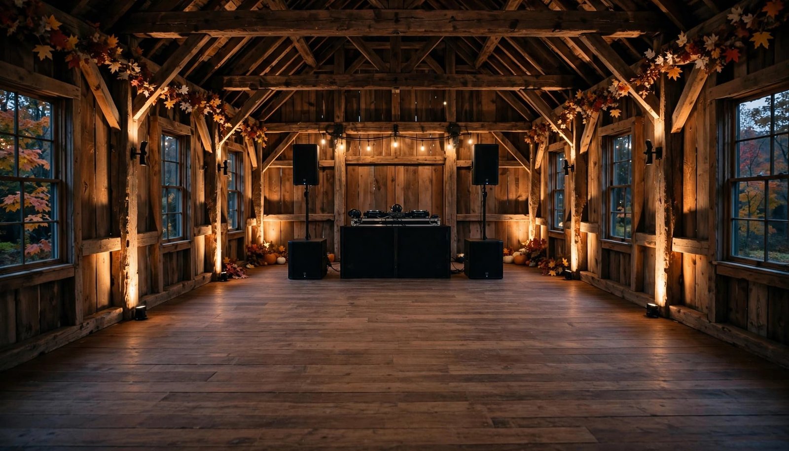 A rustic wooden barn with autumn decor, a DJ booth, and speaker setups on the dance floor.