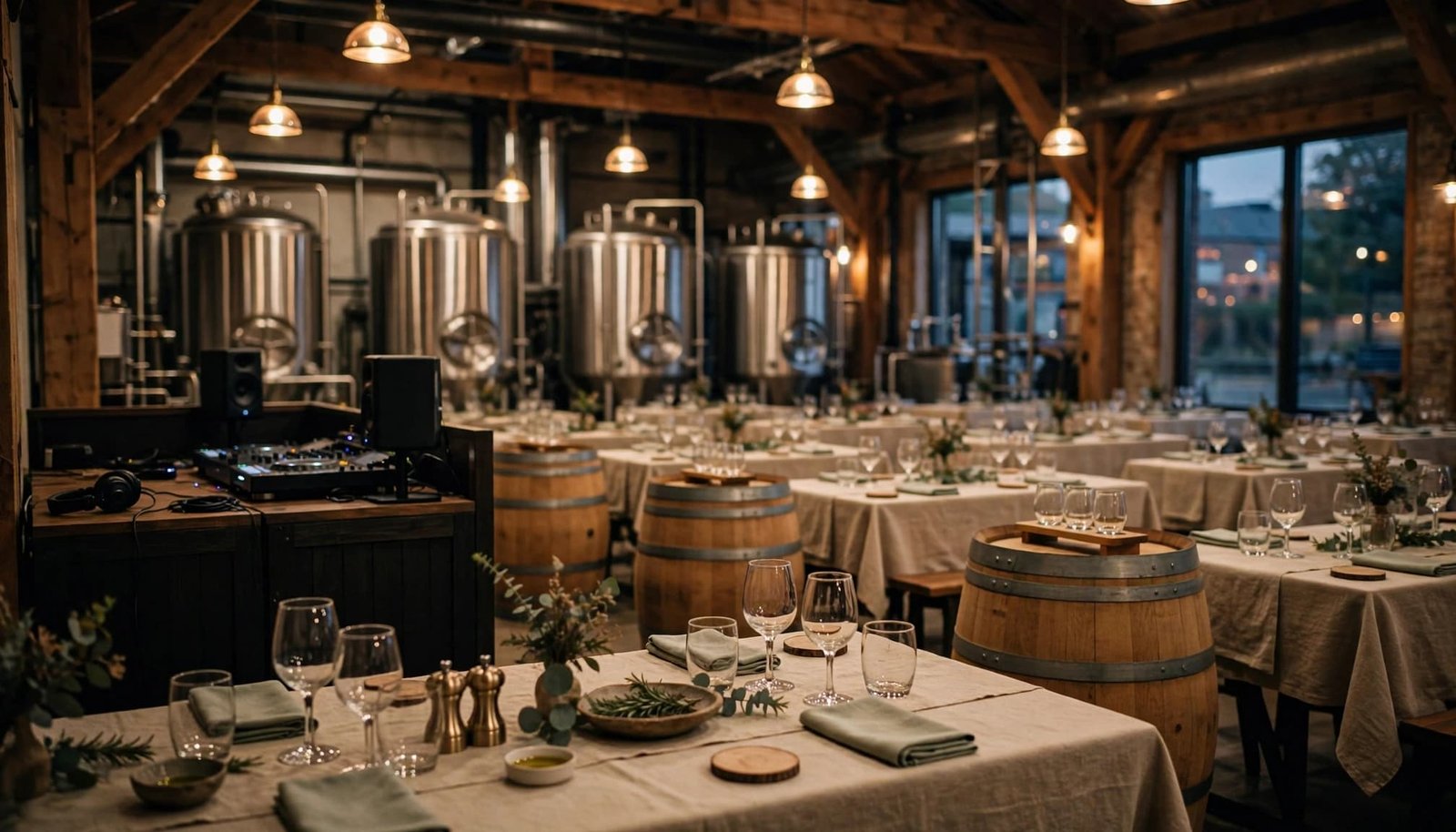 Corporate Event DJ Planning for Breweries and Distilleries An unoccupied brewery event room with banquet tables, tasting barrels, and a DJ setup.