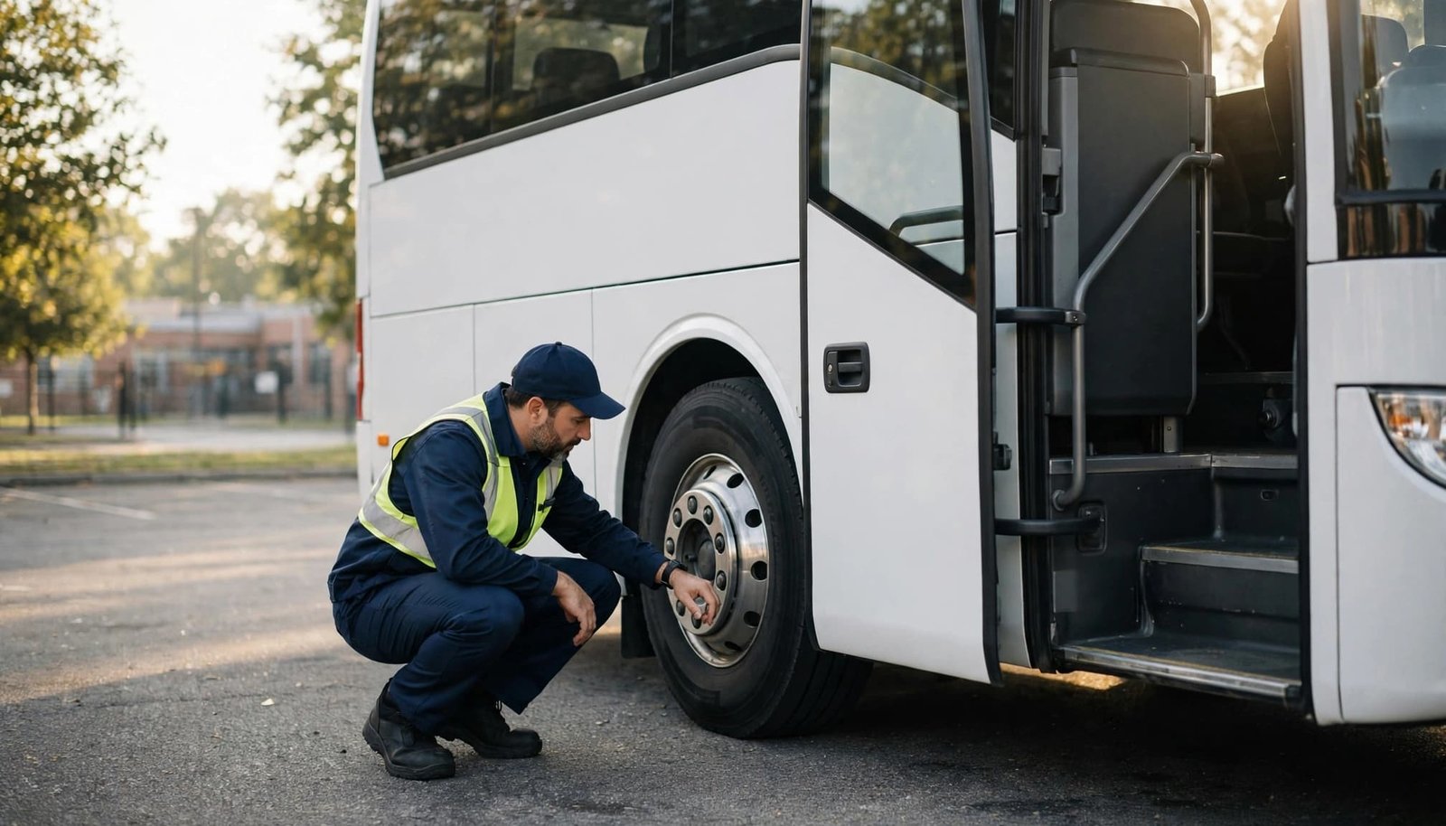 A uniformed driver checks a parked coach bus beside its open passenger door.