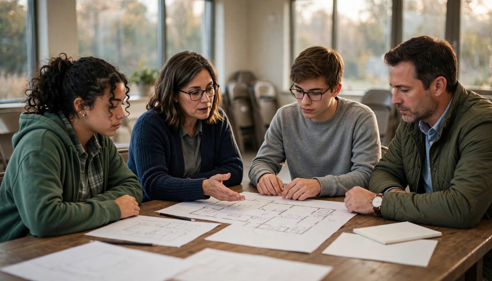 Two students and two advisors review plans around a table in a bright room.