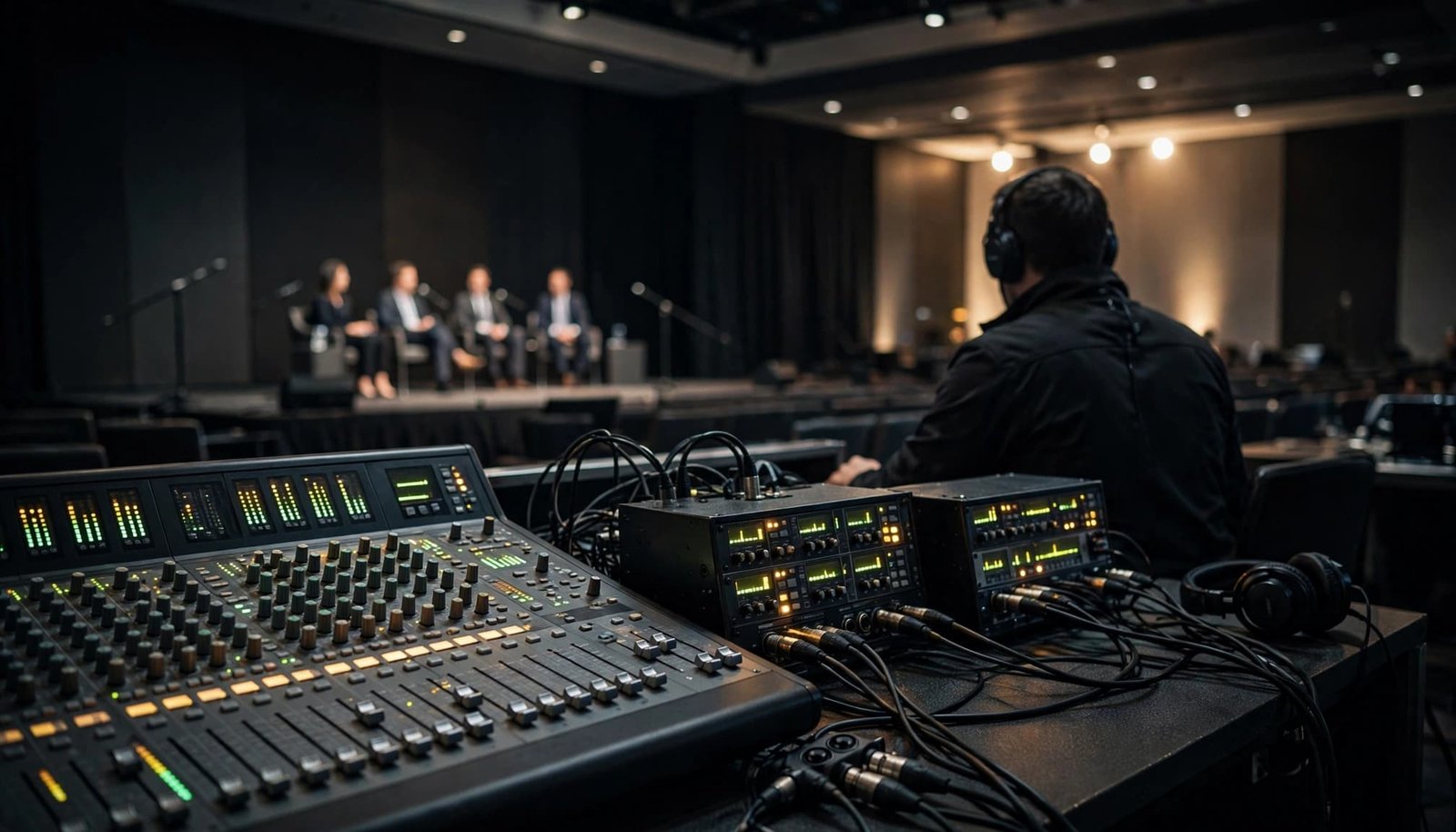 An AV technician monitors a mixer as a panel sits on a distant stage.