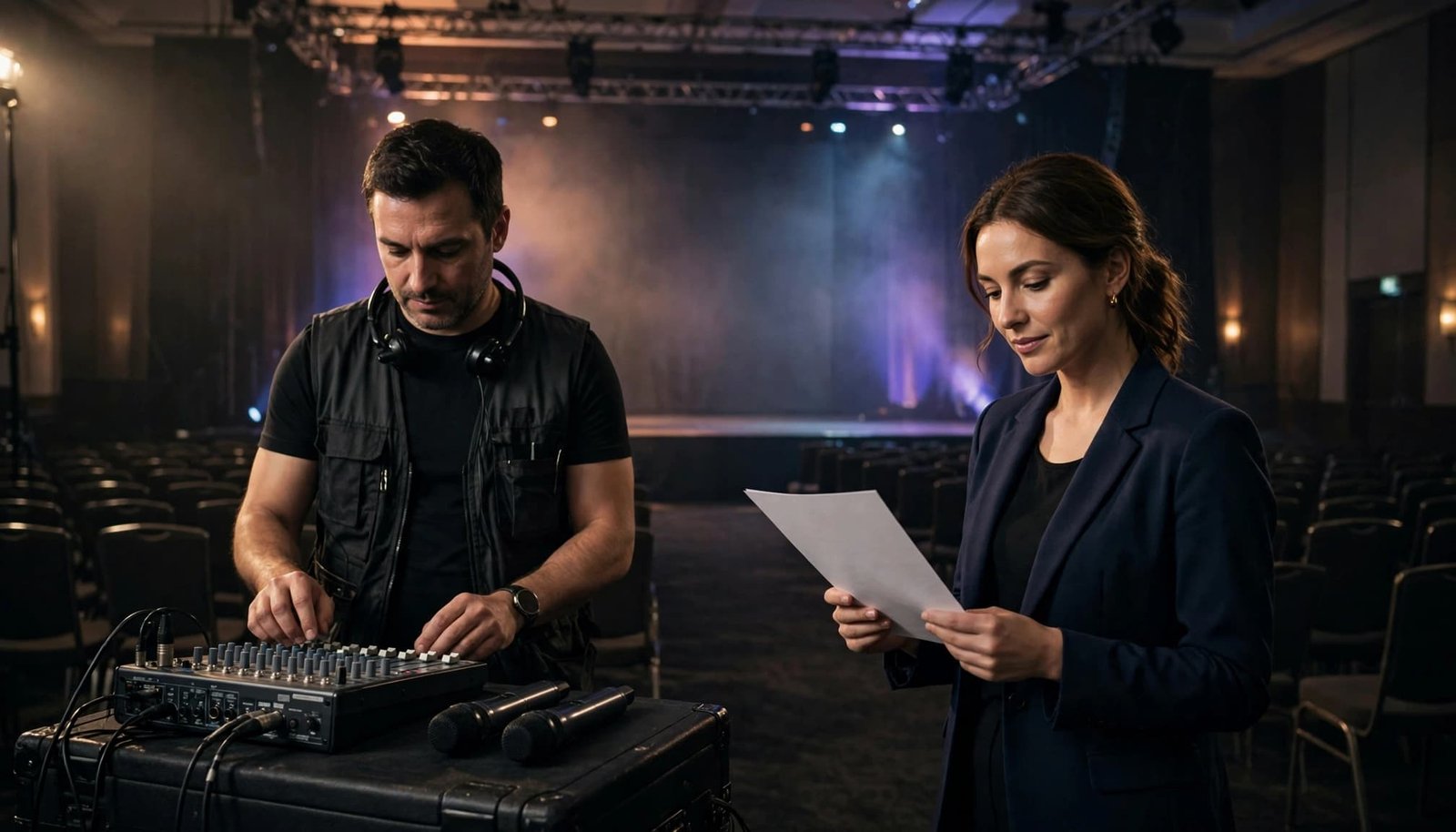 An audio technician adjusts a soundboard while a presenter reviews notes in a ballroom.