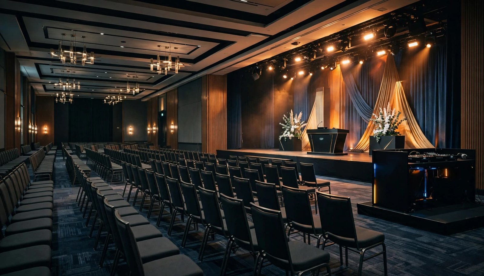 A wide view of an empty conference ballroom with rows of chairs facing an illuminated stage and a DJ booth.