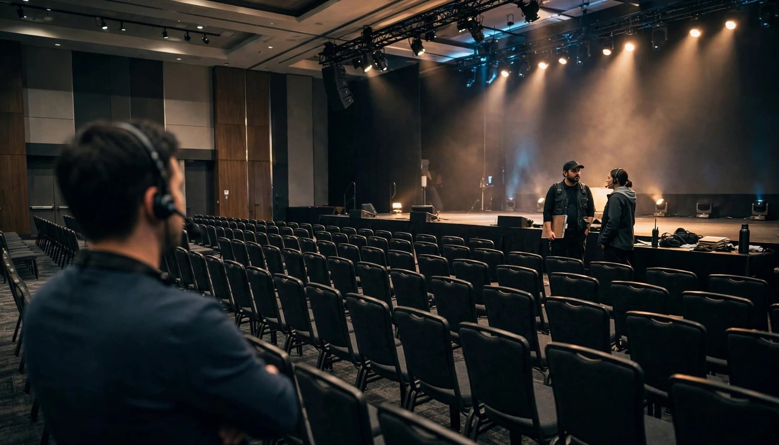 A person in the foreground wearing a headset watches two event staff near a stage in a ballroom.