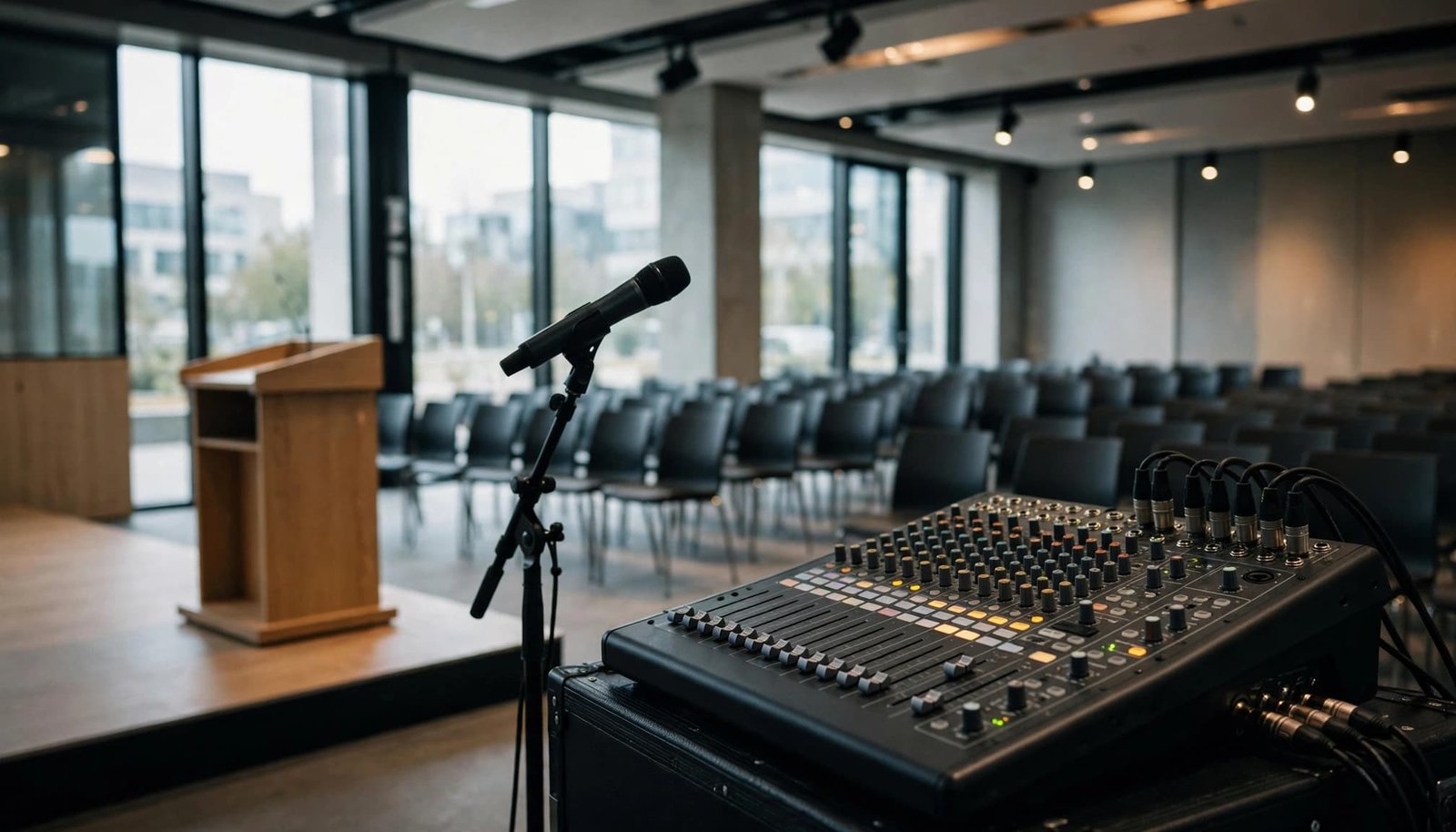 Corporate Town Hall Music for Focused Employee Updates A sound console and microphone face a lectern and empty seats in a conference hall.