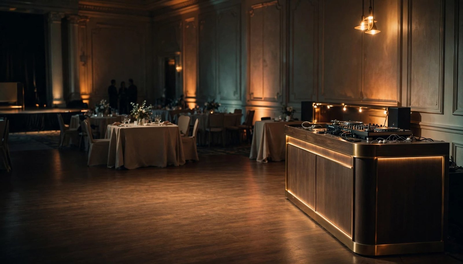 A refined ballroom with a lighted DJ booth on the right and banquet tables in the background.