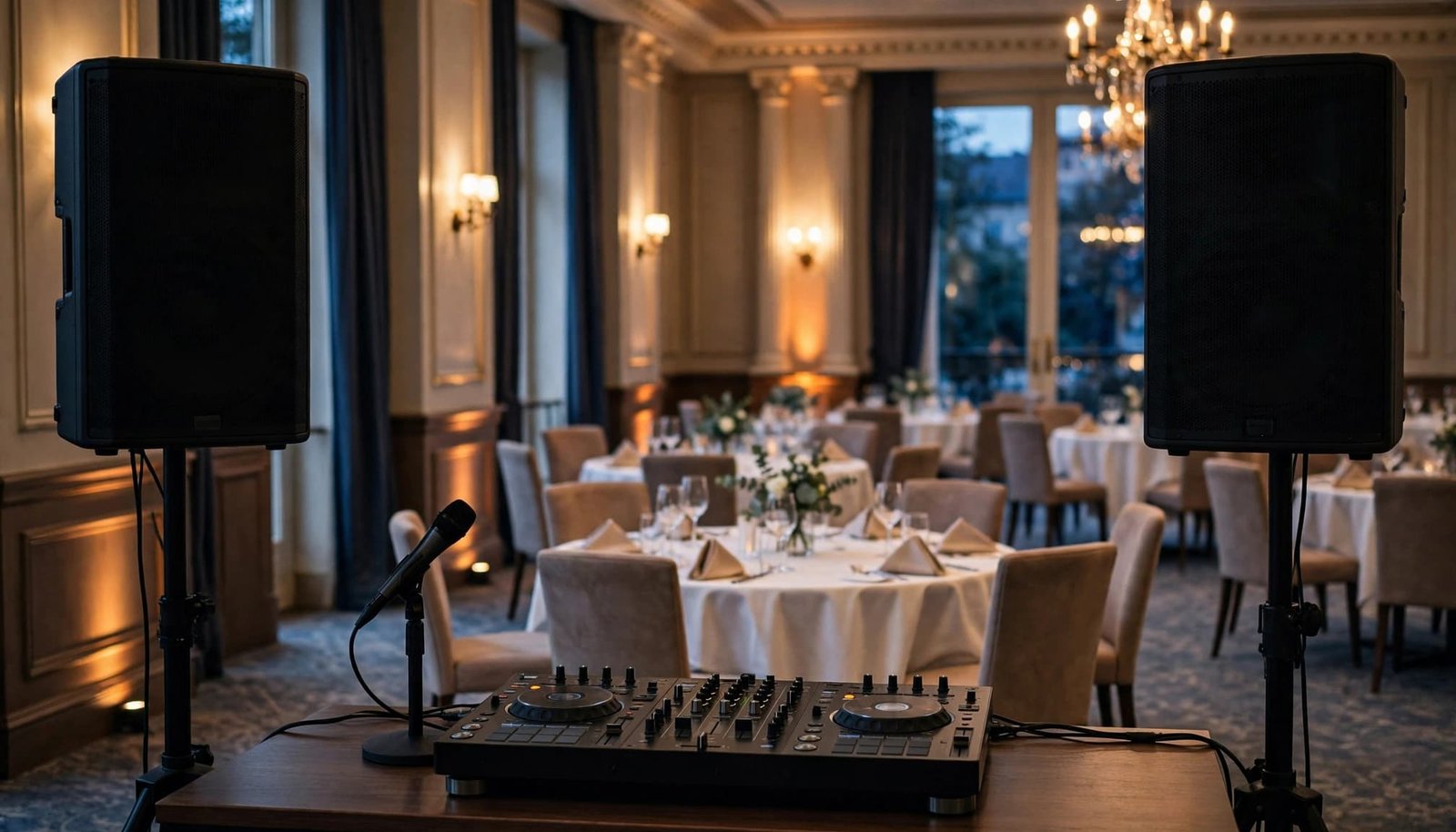 DJ setup with a console, microphone, and two speakers in an elegant hotel function room.