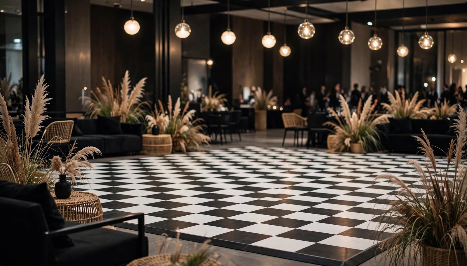 A modern event hall with a black and white checkerboard dance floor, hanging globe lights, and pampas grass decor.