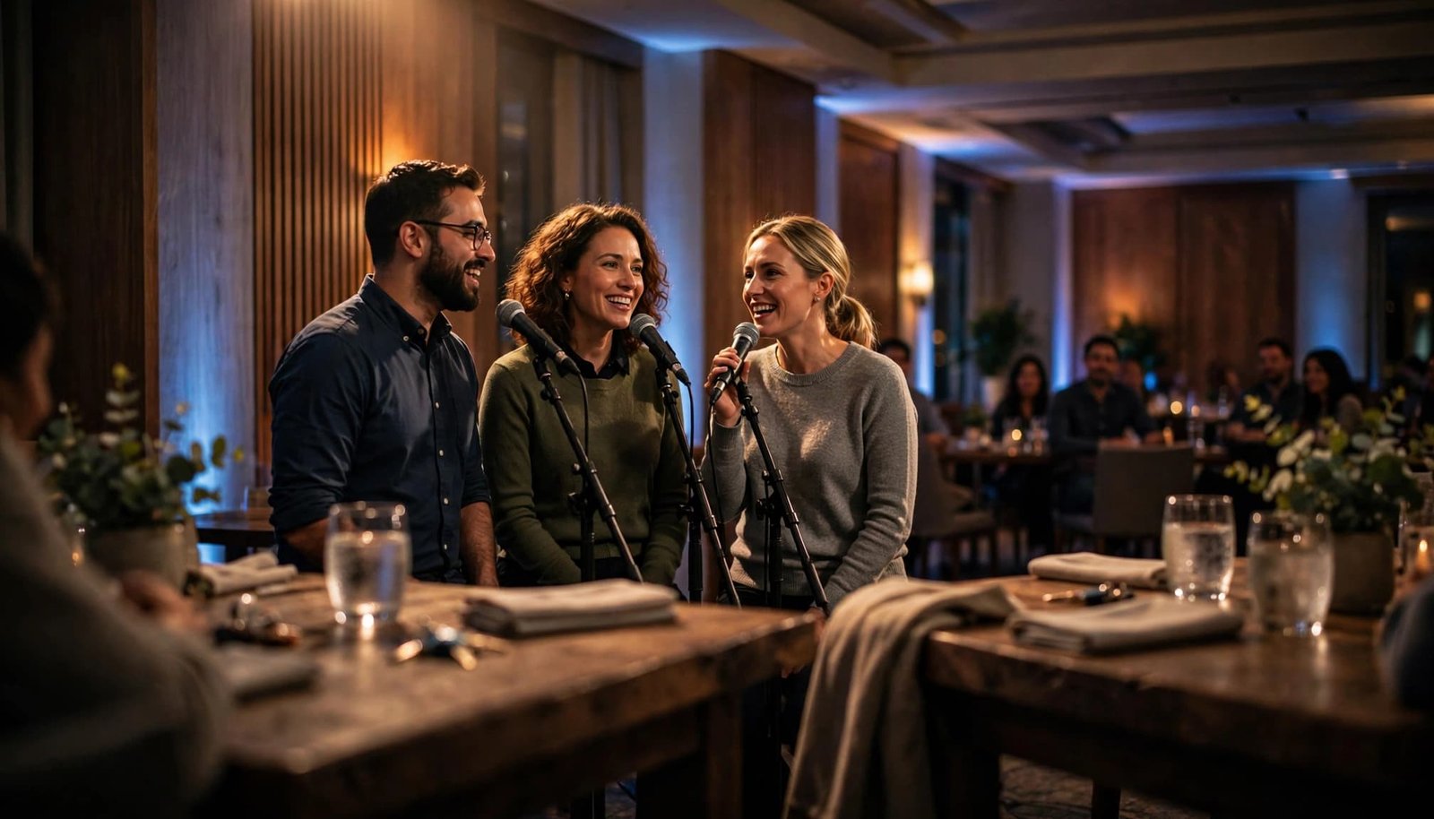 Three coworkers sing at microphones as guests watch from tables in a warmly lit hotel room.