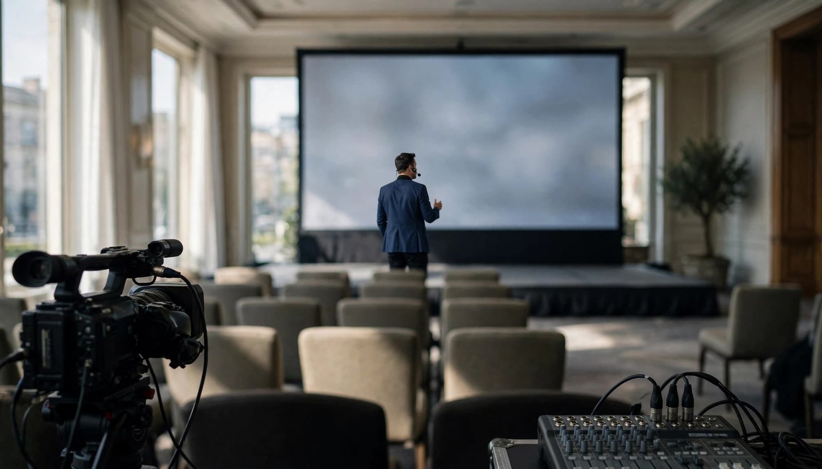 A headset-wearing presenter speaks onstage as a camera and audio console sit in the foreground.