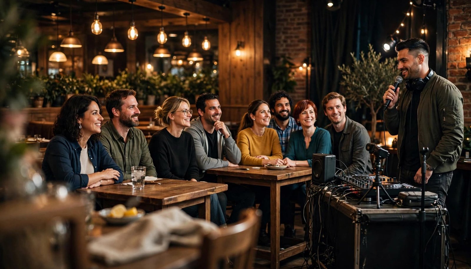 How to Plan a Corporate Trivia Night With a DJ A group of adults seated at tables listening to a host speaking into a microphone in a restaurant.