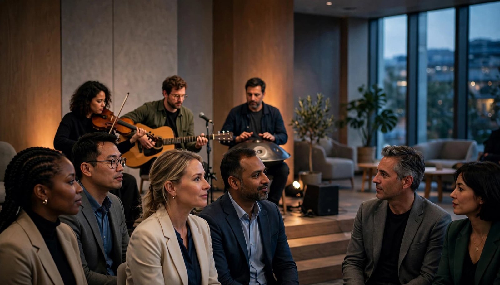 A diverse audience listens attentively as a three-piece ensemble performs on stage in a modern venue.