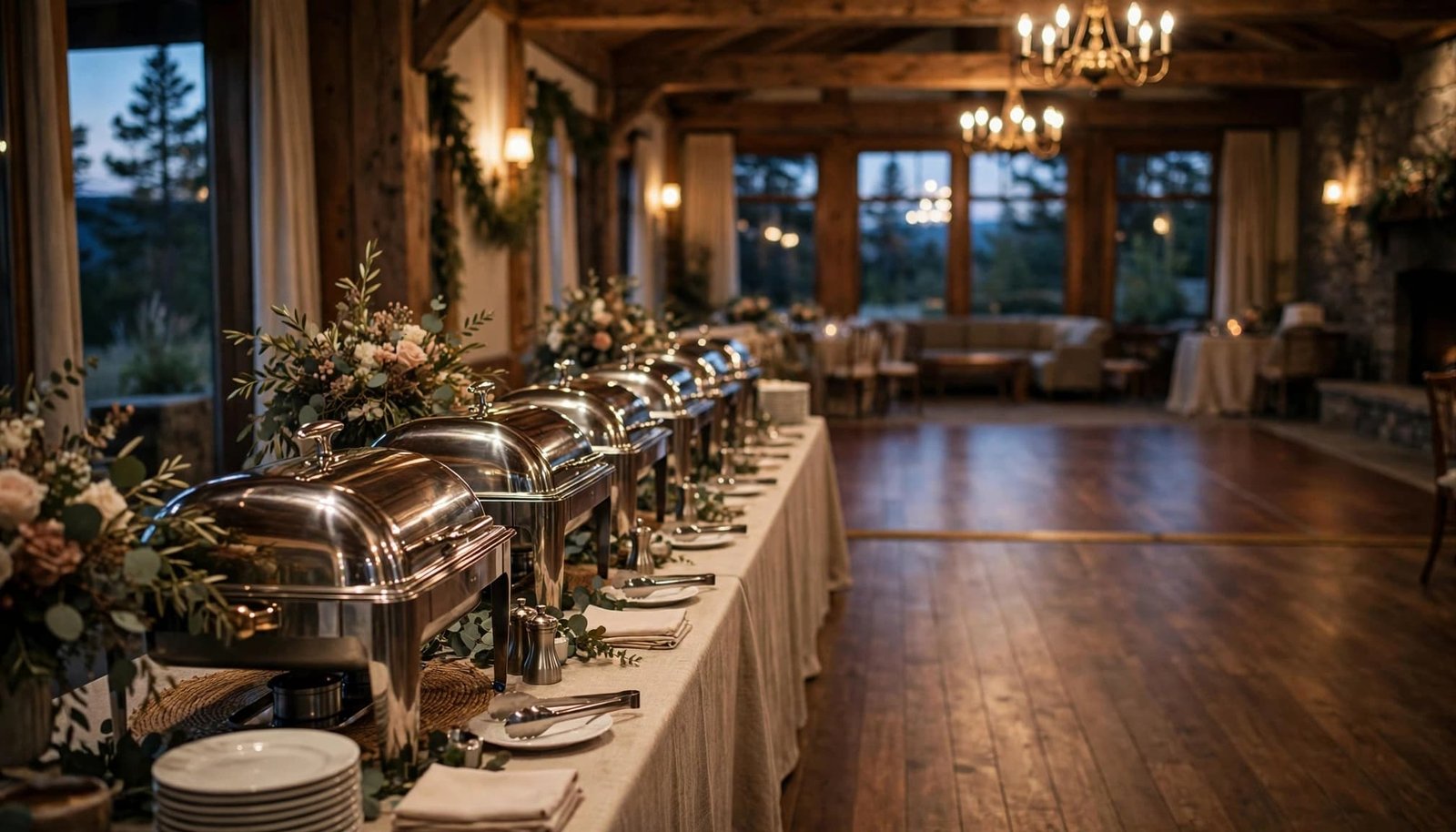 Buffet tables with flowers leave a clear path to the dance floor.