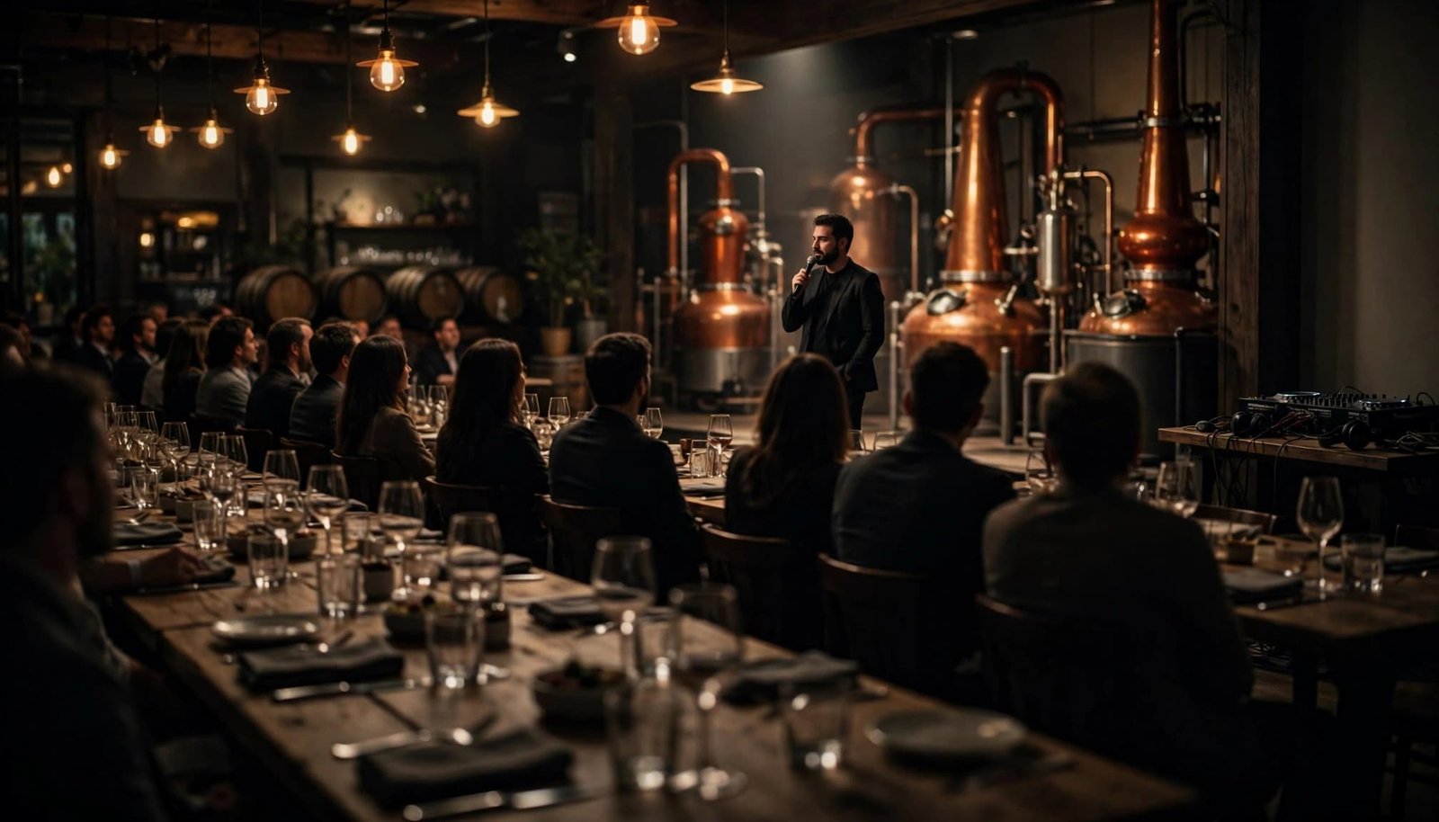 Corporate Event DJ Planning for Breweries and Distilleries A man speaks into a microphone at a corporate dinner in a distillery tasting room.