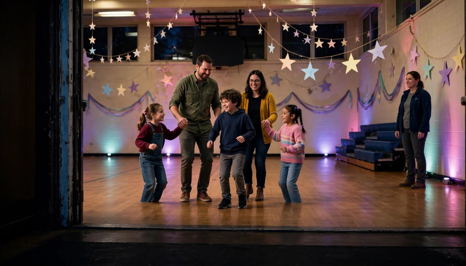 Elementary School Family Dance Guide for NH PTOs Six people dance in a school gym beneath colorful lights and paper stars.