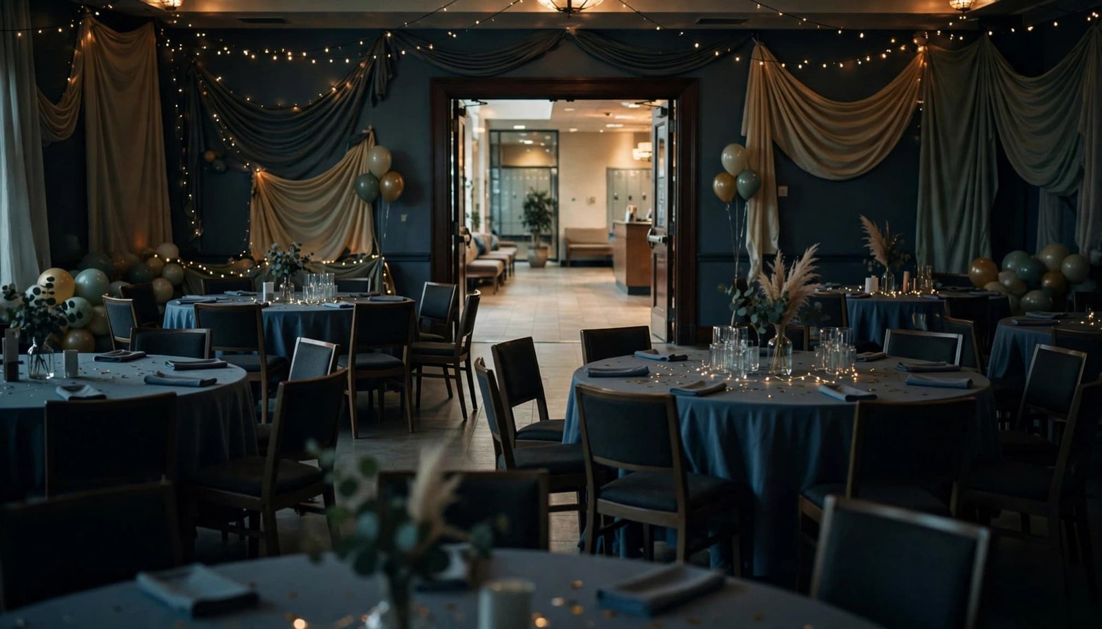 An empty high school prom ballroom with draped walls, decorated tables, and an open doorway leading to a lit lobby.